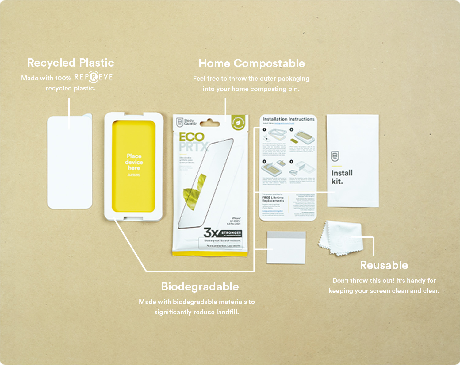 Sustainable packaging examples using recycled plastic and compostable cardboard.